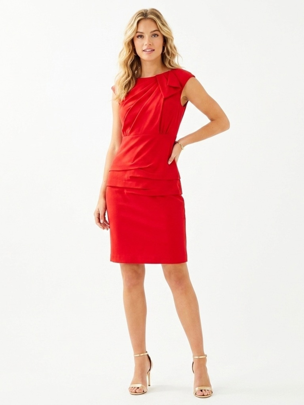 Nicole Miller Sheath Dress Cap Sleeve Layered Pleat Silk Red 2